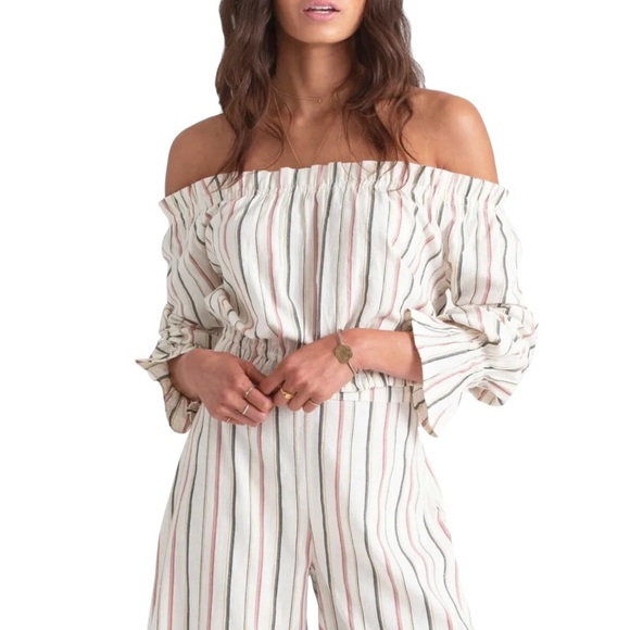 Billabong Off The Shoulder Top Small Cropped Striped 100% Cotton Sun Faded Look - Picture 4 of 16